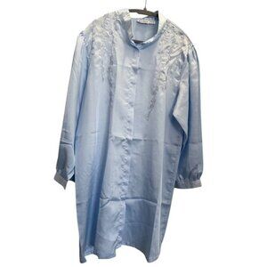 Lewis Frimel Light Blue Long Sleeve Button Up Night Gown Satin Medium Vintage